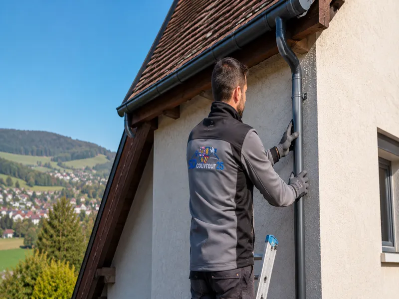 Descente pluviale en zinc posée sur une façade à Besançon