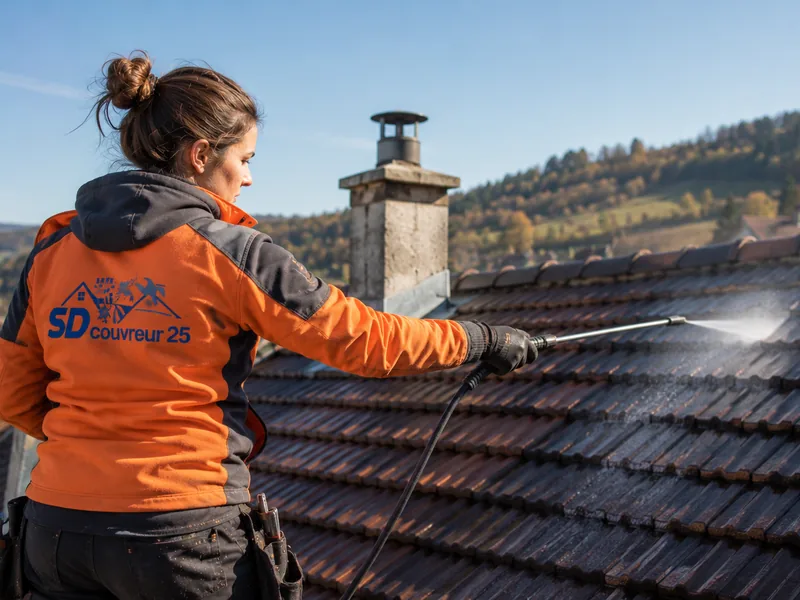 Artisan nettoyant une toiture en tuiles à Besançon avec un nettoyeur basse pression