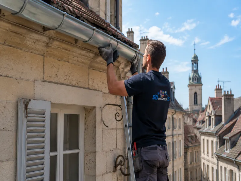 Artisan posant une gouttière en zinc sur une maison à Besançon