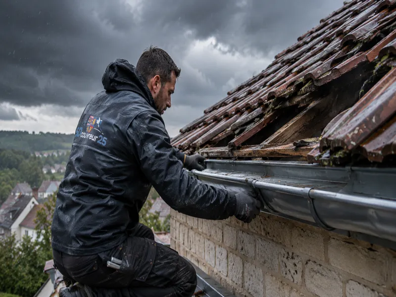 Gouttière bouchée par des feuilles en automne sur une maison à Besançon