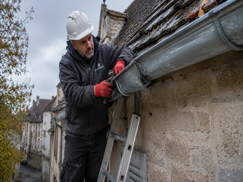 Gouttière endommagée par la neige lourde sur une maison à Besançon
